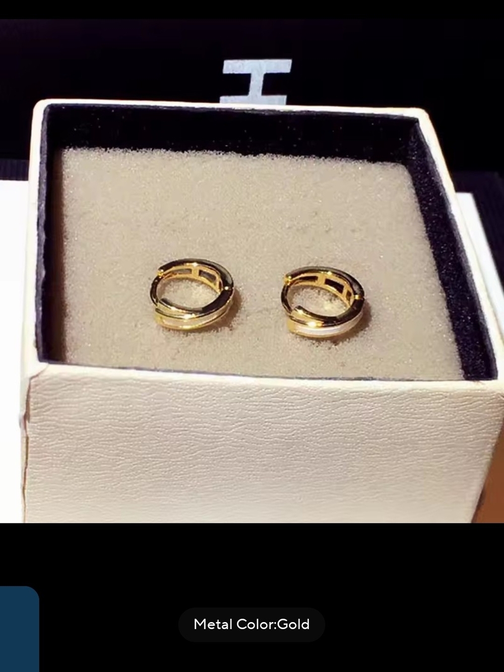 14k plated Gold Hoop Earrings with B White Enamel Accent - Picture 3 of 3